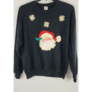 VTG Christmas Santa‎ Claus Face Print Sweatshirt Winter Black Faded